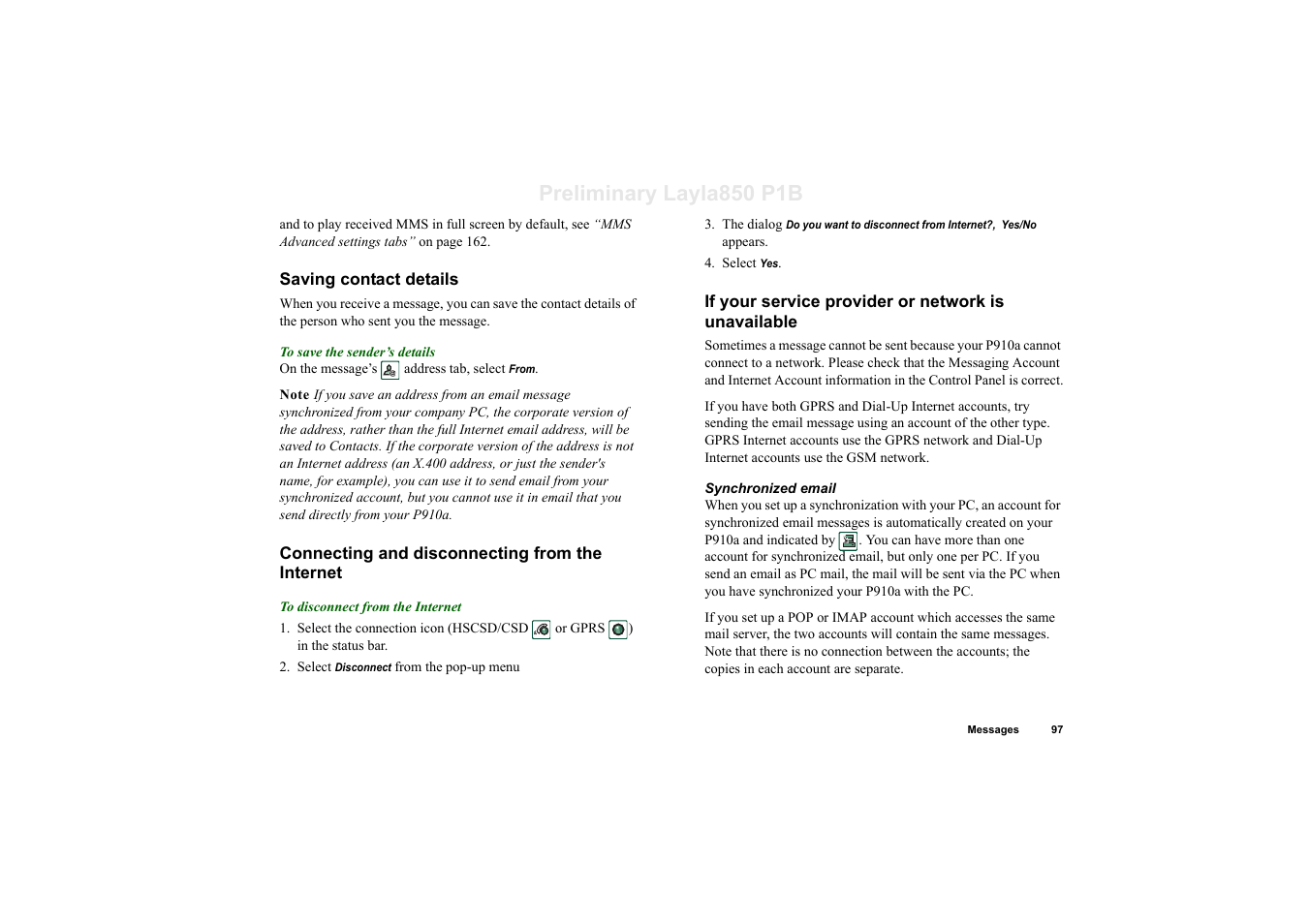 Saving contact details, Connecting and disconnecting from the internet, If your service provider or network is unavailable | Preliminary layla850 p1b | Sony Ericsson P910a User Manual | Page 97 / 203