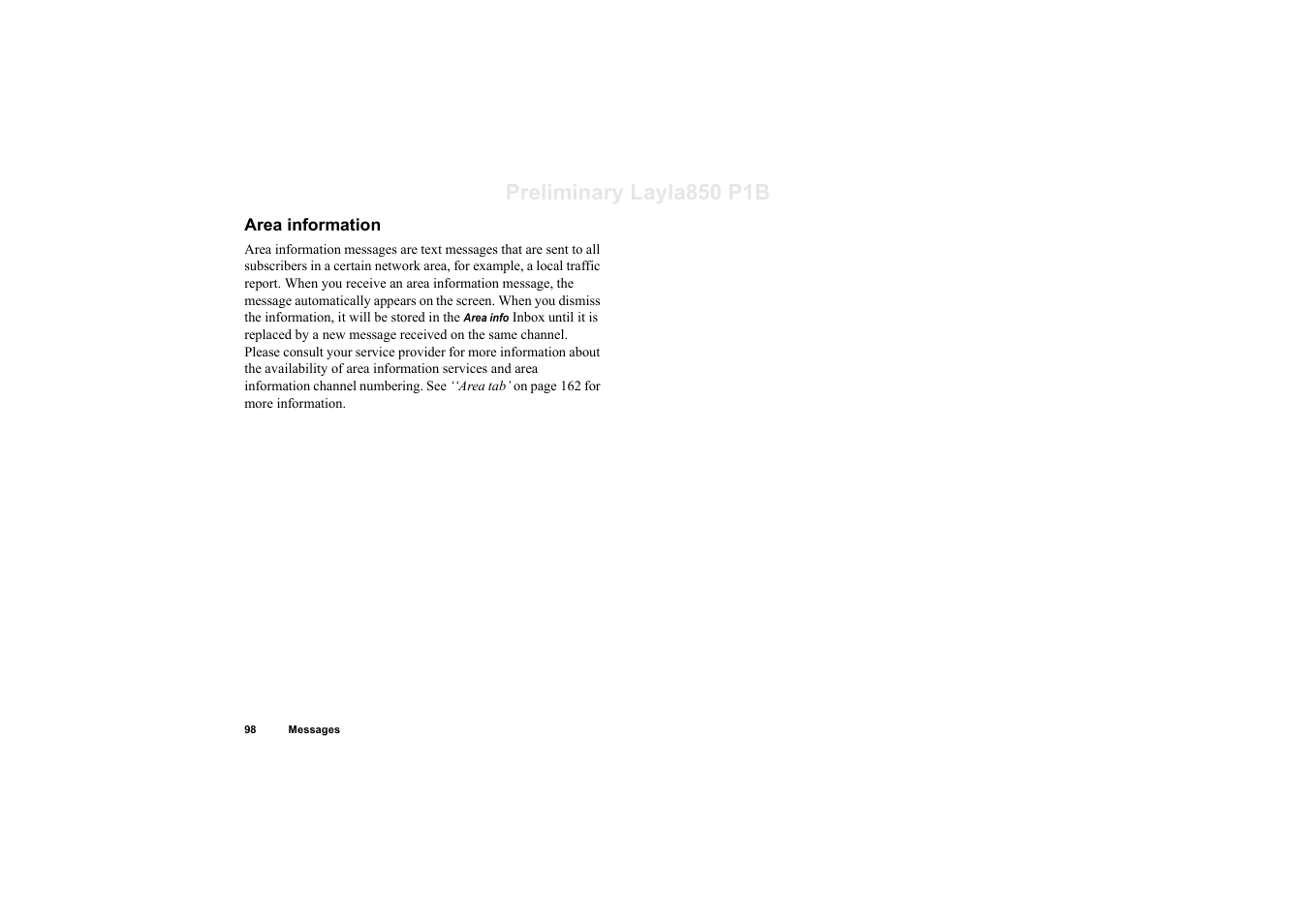 Area information, Preliminary layla850 p1b | Sony Ericsson P910a User Manual | Page 98 / 203