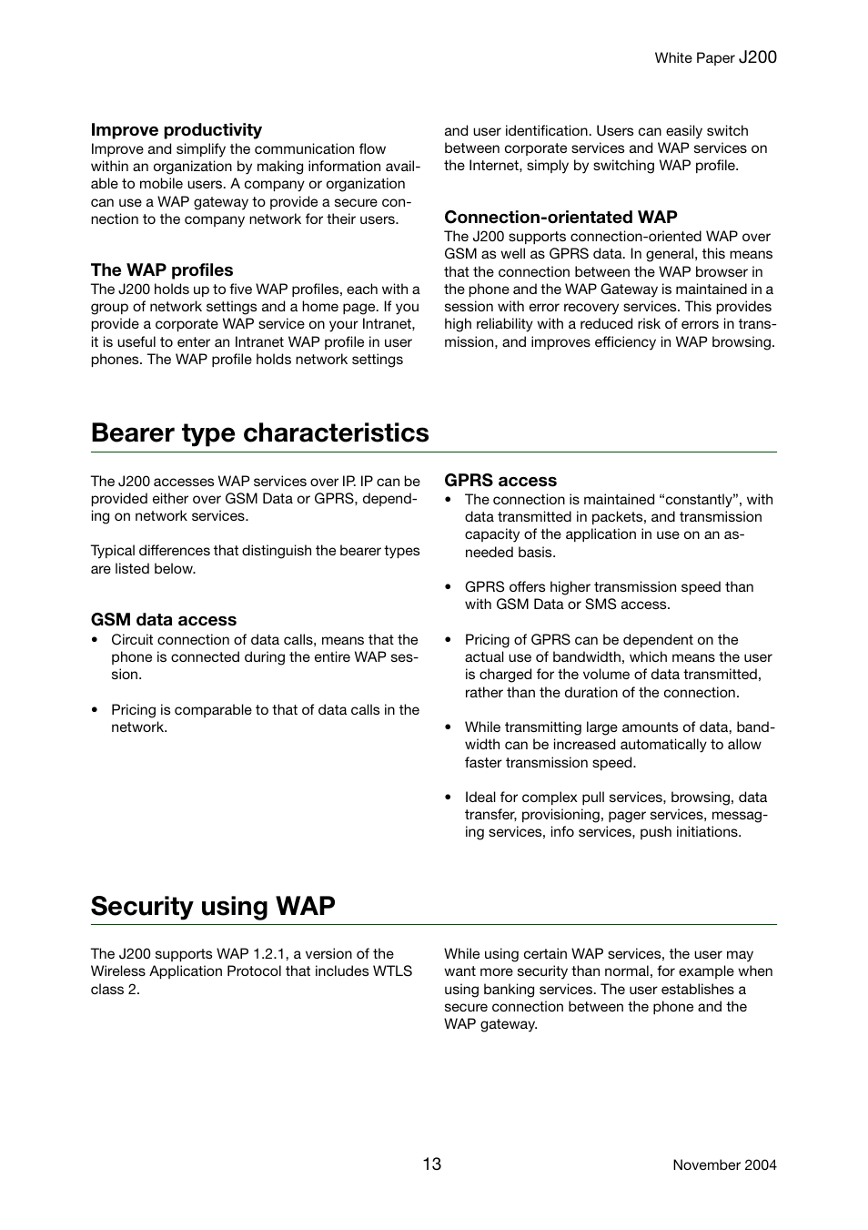 Bearer type characteristics, Security using wap | Sony Ericsson J200 User Manual | Page 13 / 52