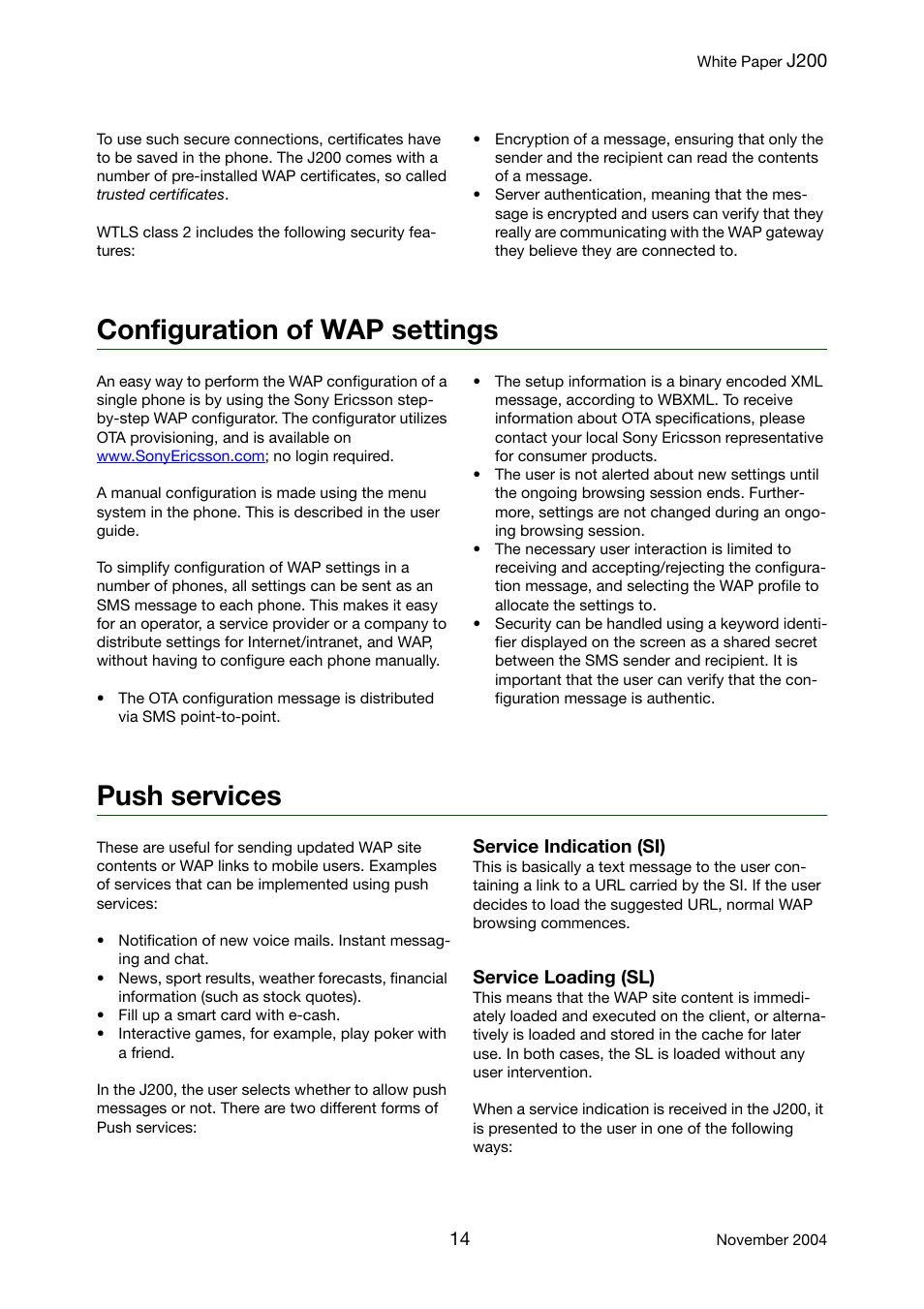 Configuration of wap settings, Push services | Sony Ericsson J200 User Manual | Page 14 / 52