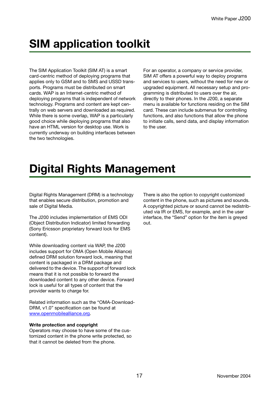 Sim application toolkit, Digital rights management | Sony Ericsson J200 User Manual | Page 17 / 52