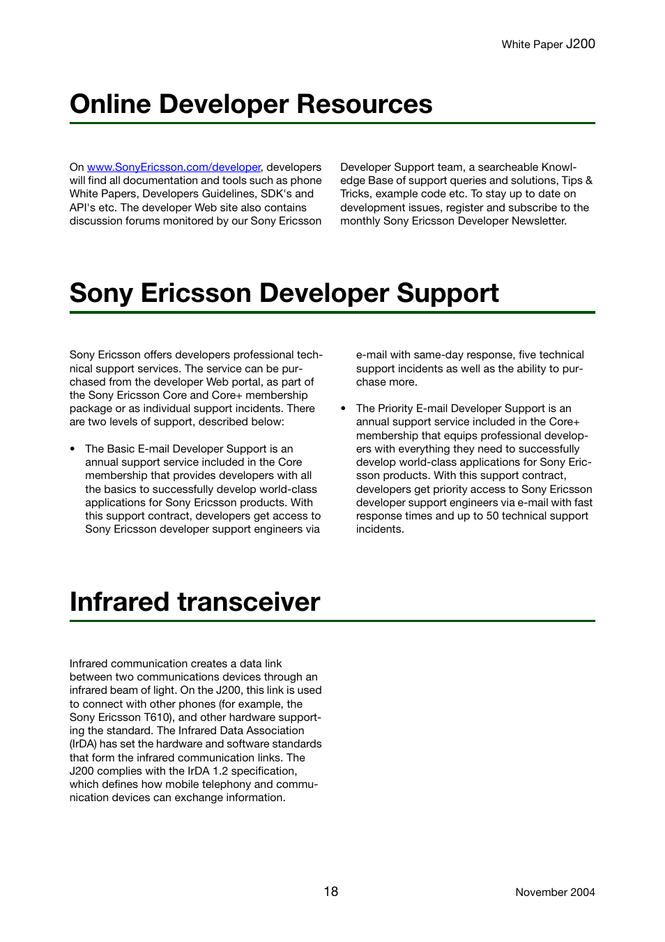 Online developer resources, Sony ericsson developer support, Infrared transceiver | Sony Ericsson J200 User Manual | Page 18 / 52