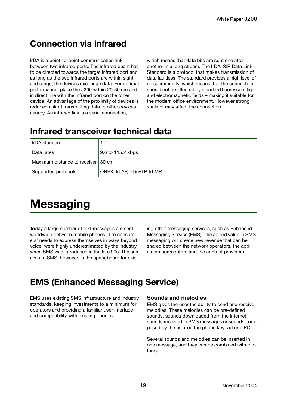 Messaging, Connection via infrared, Infrared transceiver technical data | Ems (enhanced messaging service) | Sony Ericsson J200 User Manual | Page 19 / 52