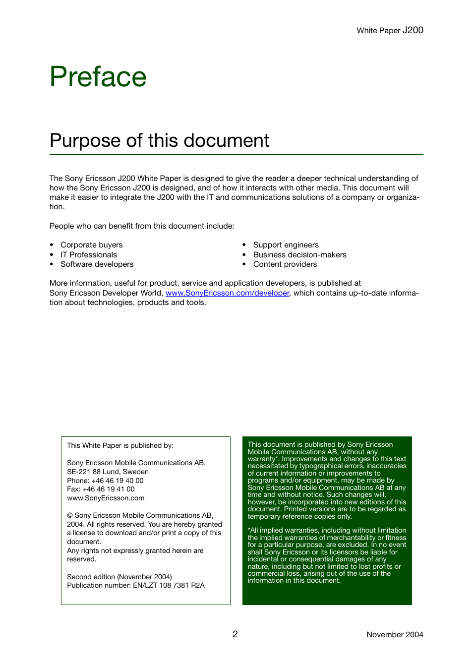 Preface, Purpose of this document | Sony Ericsson J200 User Manual | Page 2 / 52
