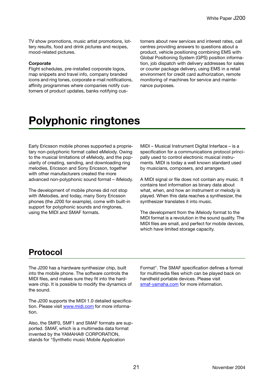 Polyphonic ringtones, Protocol | Sony Ericsson J200 User Manual | Page 21 / 52