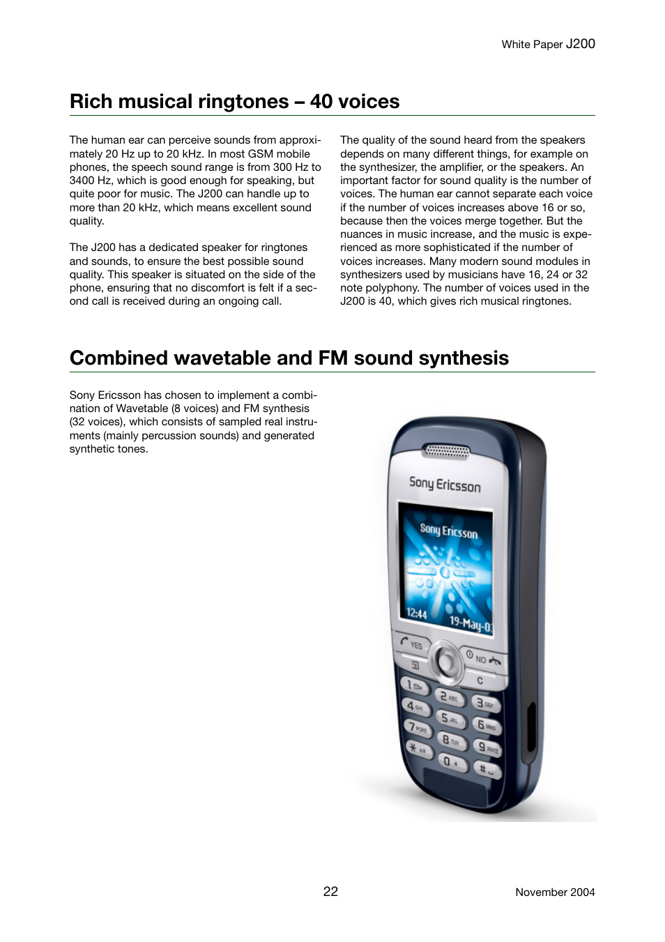 Rich musical ringtones – 40 voices, Combined wavetable and fm sound synthesis | Sony Ericsson J200 User Manual | Page 22 / 52