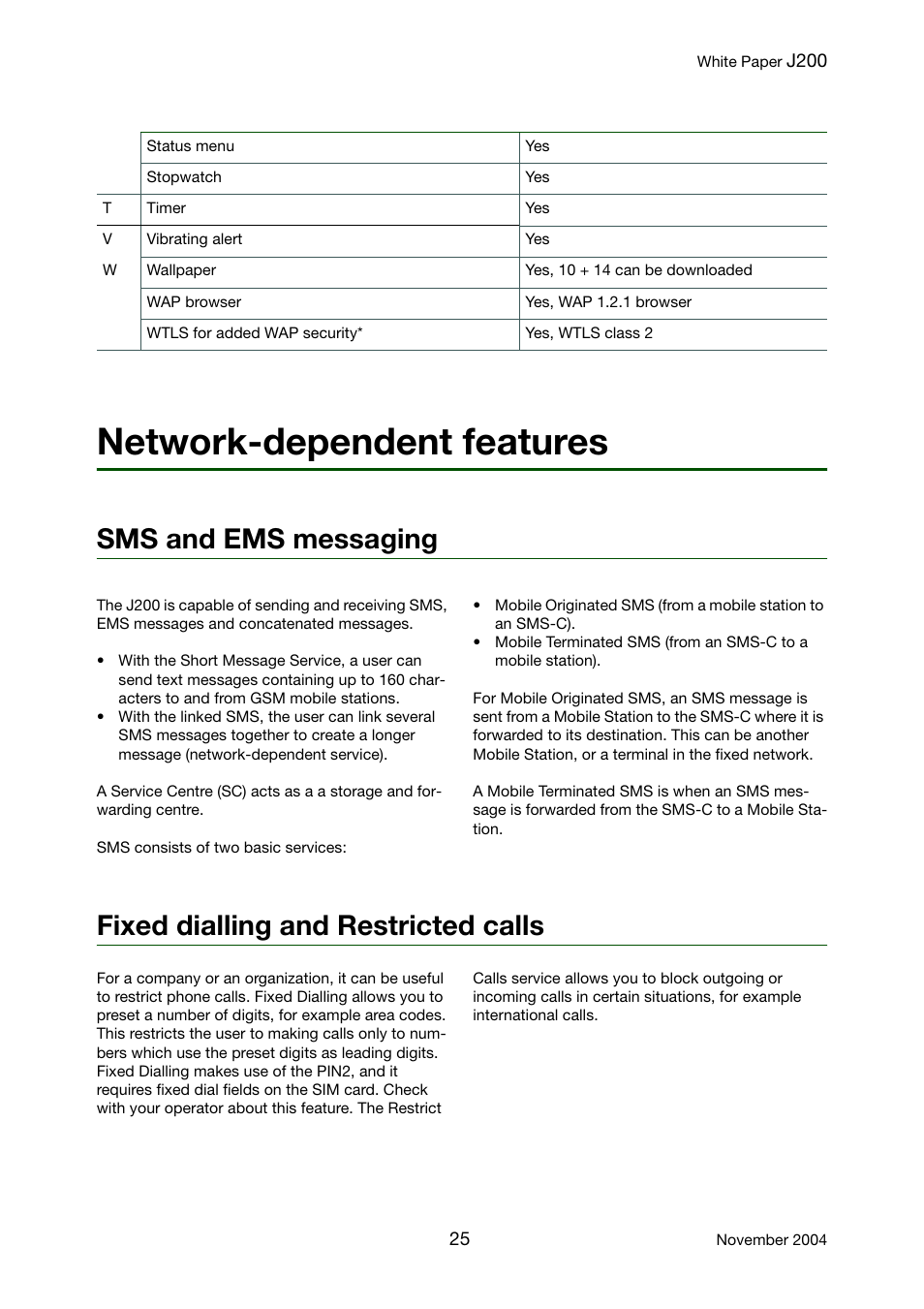 Network-dependent features, Sms and ems messaging, Fixed dialling and restricted calls | Sony Ericsson J200 User Manual | Page 25 / 52