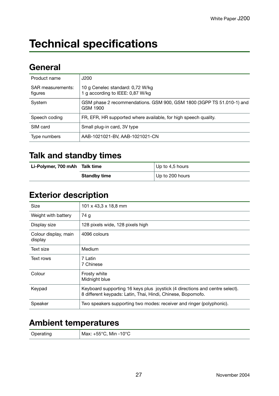 Technical specifications | Sony Ericsson J200 User Manual | Page 27 / 52