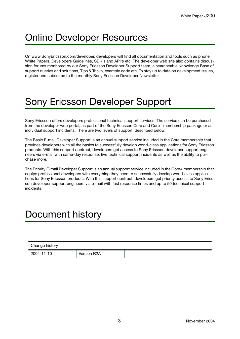 Online developer resources, Sony ericsson developer support, Document history | Sony Ericsson J200 User Manual | Page 3 / 52