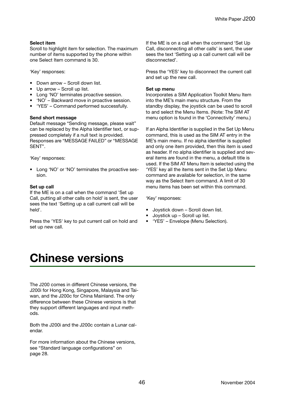 Chinese versions | Sony Ericsson J200 User Manual | Page 46 / 52