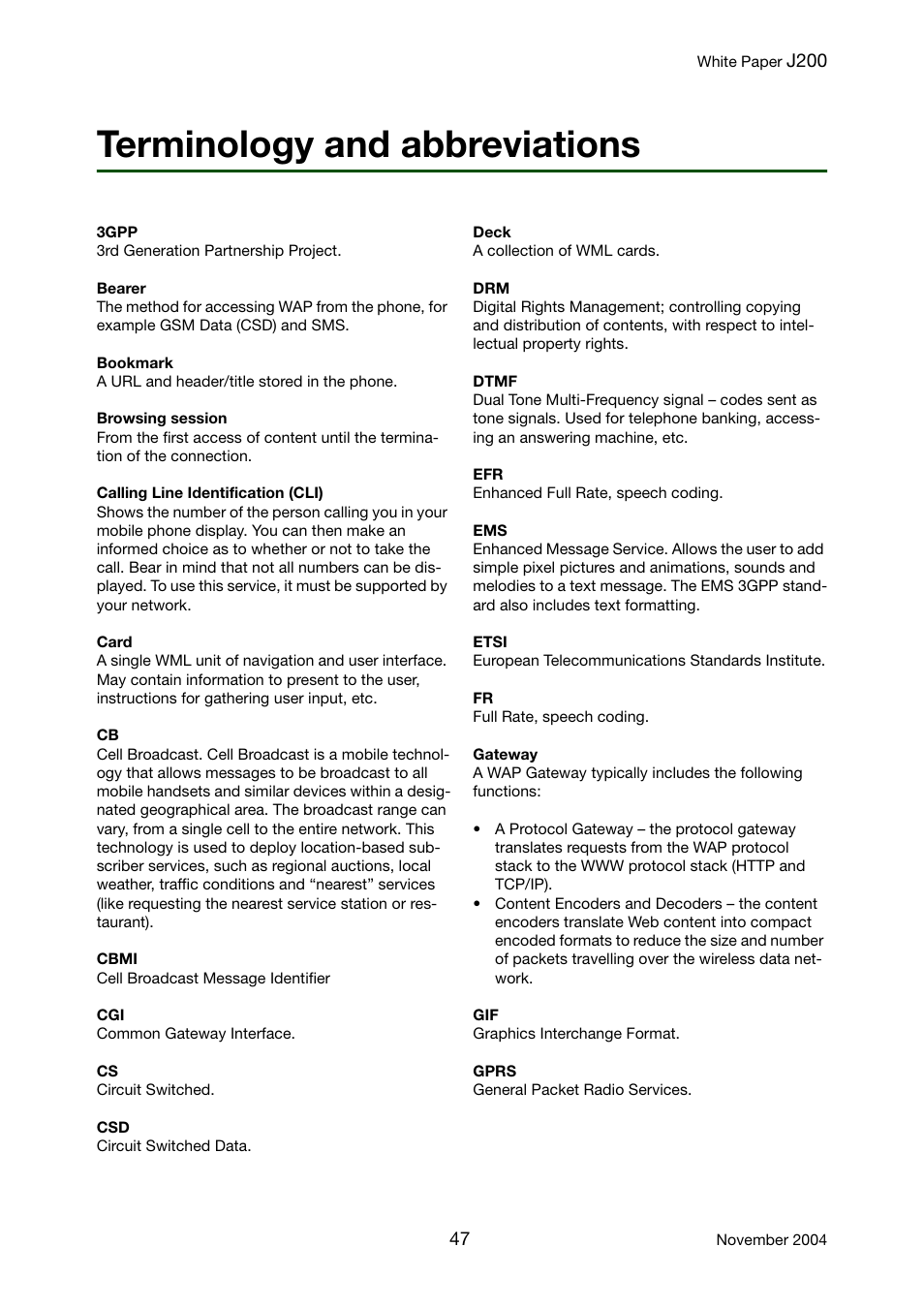 Terminology and abbreviations | Sony Ericsson J200 User Manual | Page 47 / 52