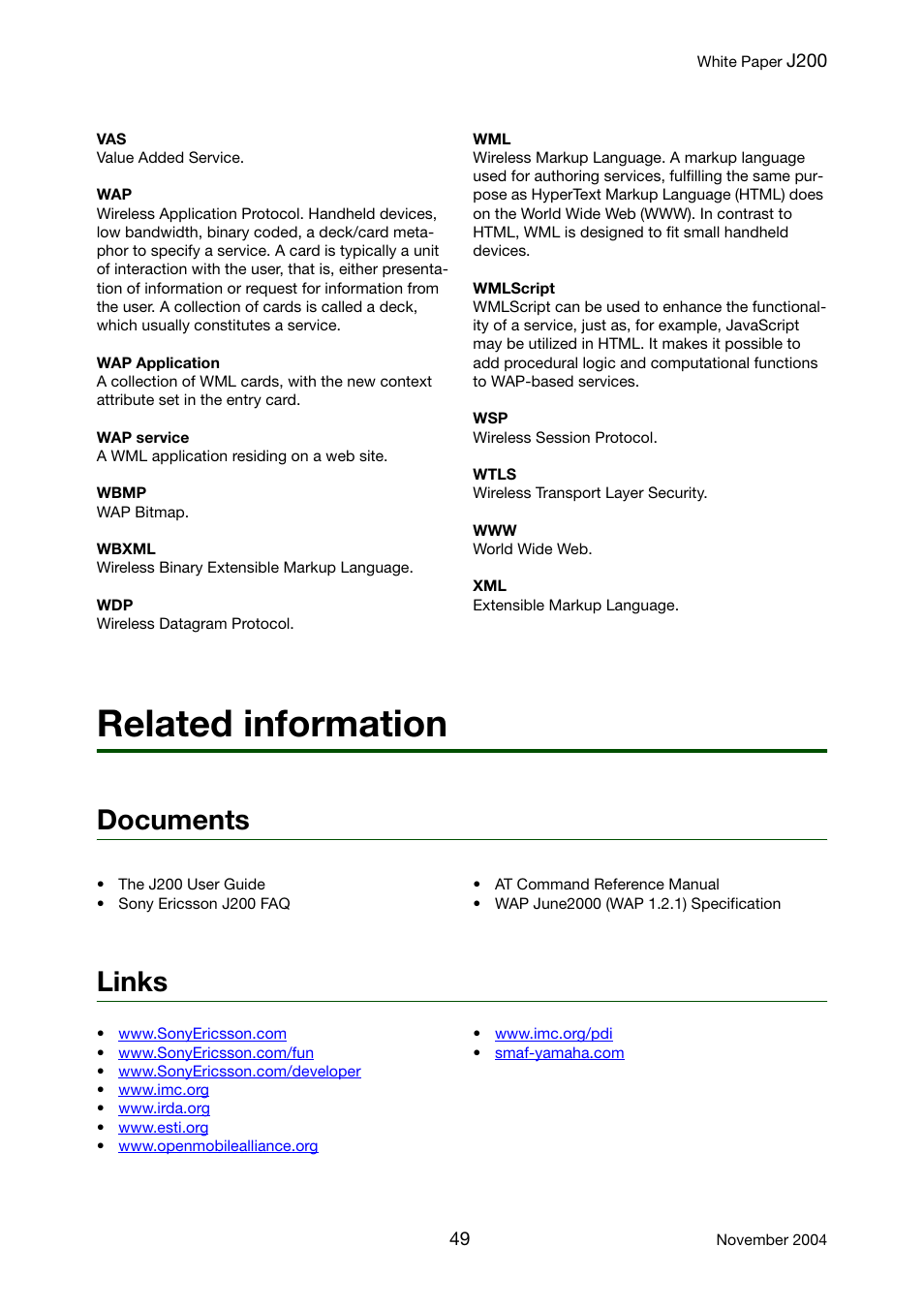 Related information, Documents, Links | Sony Ericsson J200 User Manual | Page 49 / 52