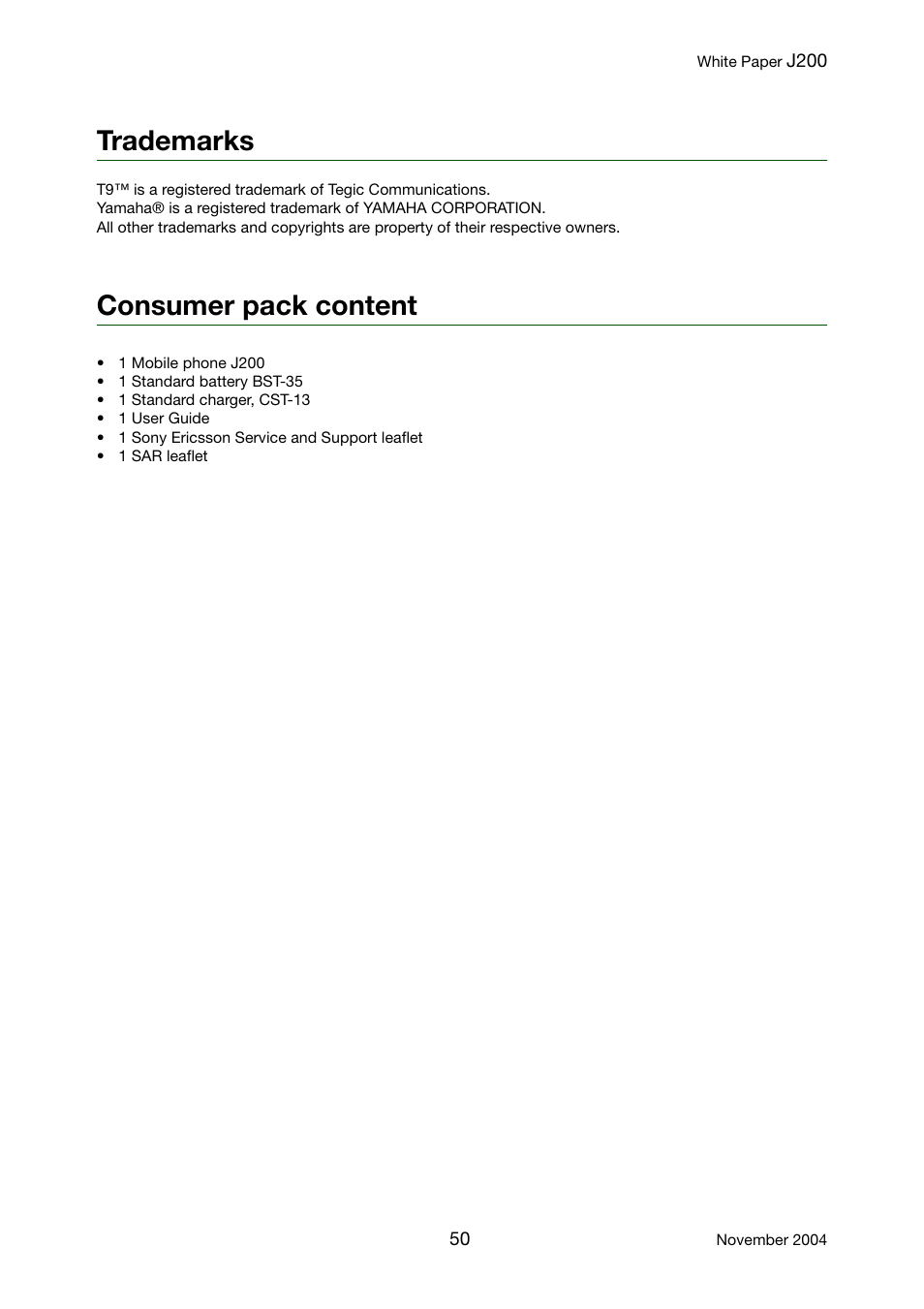 Trademarks, Consumer pack content | Sony Ericsson J200 User Manual | Page 50 / 52