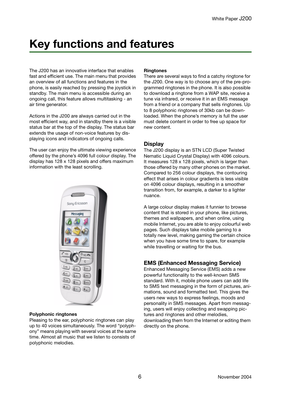 Key functions and features | Sony Ericsson J200 User Manual | Page 6 / 52