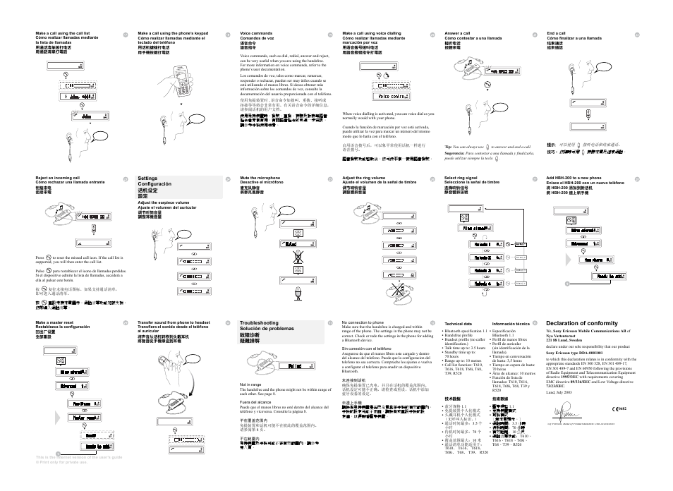 Settings, Configuración, 话机设定 | Troubleshooting, Solución de problemas, 故障诊断, 疑難排解, Declaration of conformity | Sony Ericsson HBH-200 User Manual | Page 2 / 2