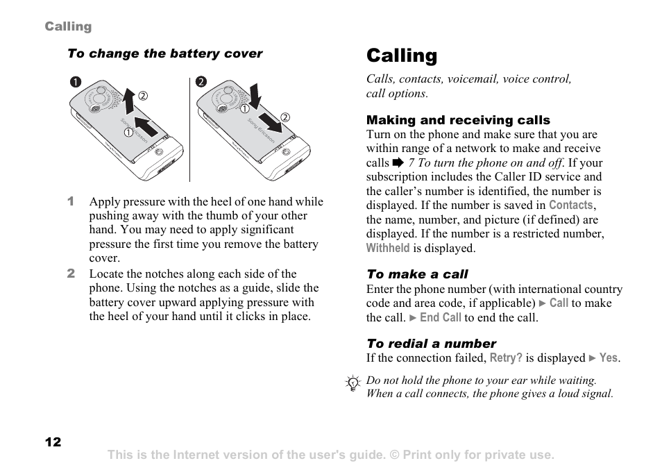 Calling | Sony Ericsson K510a User Manual | Page 12 / 74