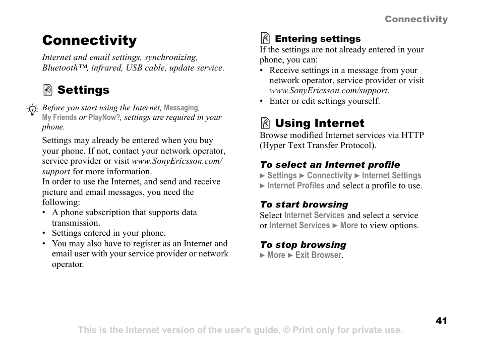 Connectivity, 41 settings, Settings | Using internet | Sony Ericsson K510a User Manual | Page 41 / 74