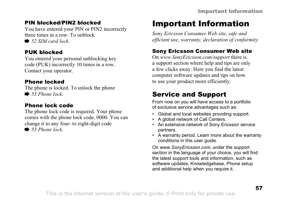 Important information, Service and support | Sony Ericsson K510a User Manual | Page 57 / 74