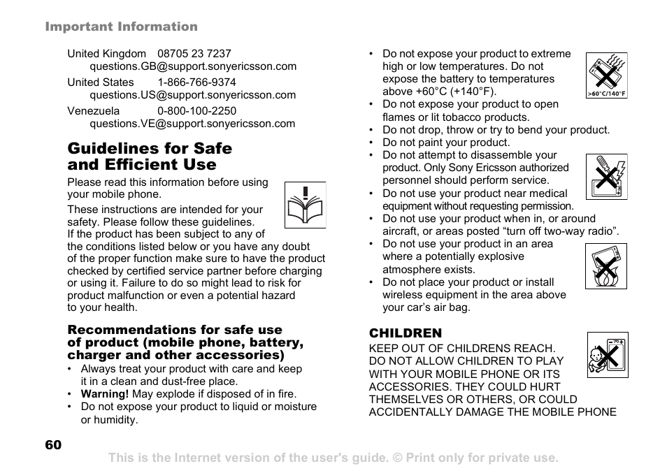 Guidelines for safe and efficient use | Sony Ericsson K510a User Manual | Page 60 / 74