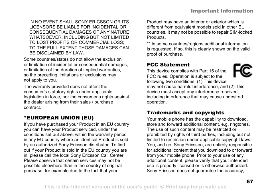 Sony Ericsson K510a User Manual | Page 67 / 74