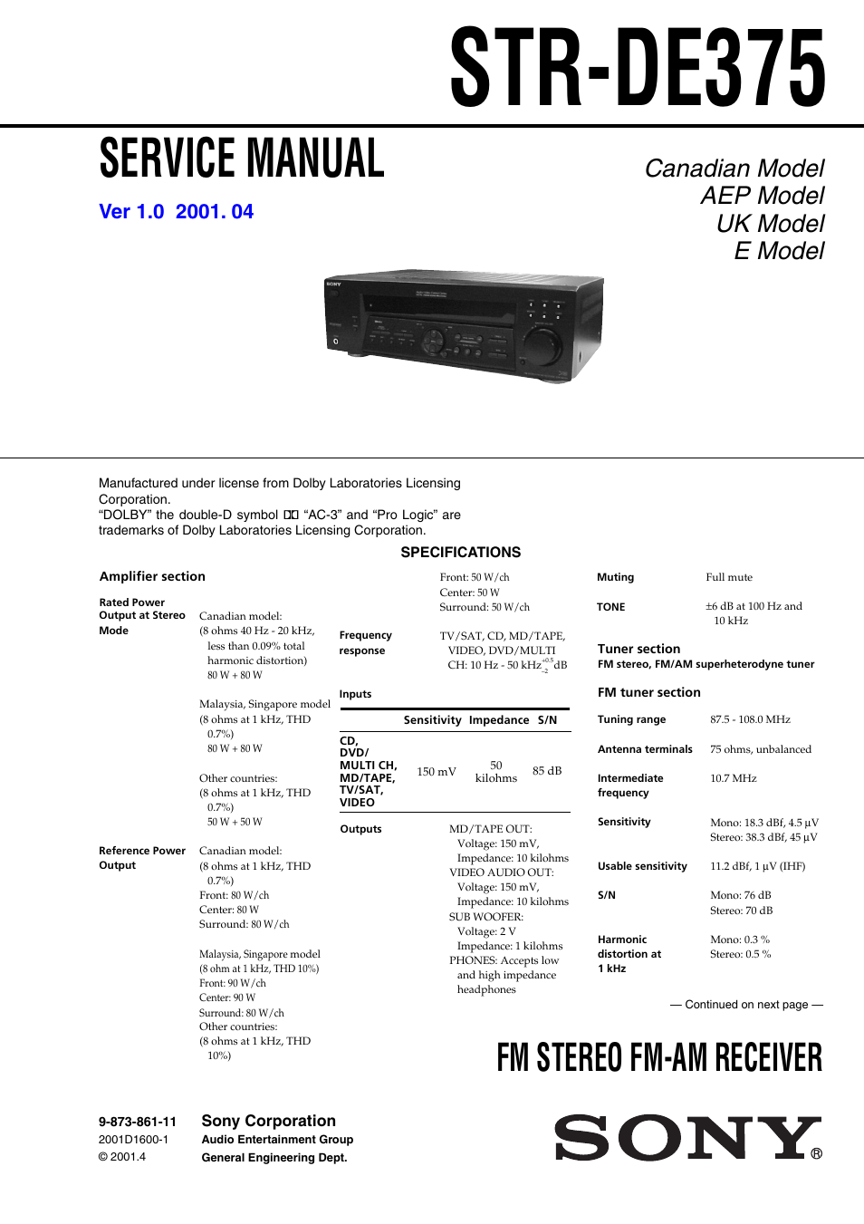 Sony Ericsson SONY STR-DE375 User Manual | 32 pages