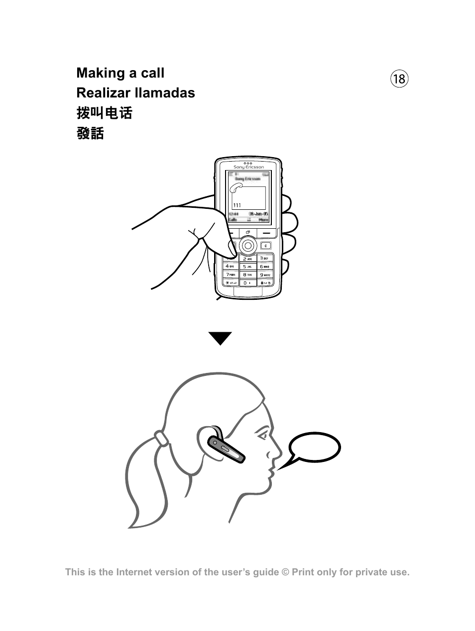 Making a call realizar llamadas 拨叫电话 發話 | Sony Ericsson HBH-PV700 User Manual | Page 19 / 35