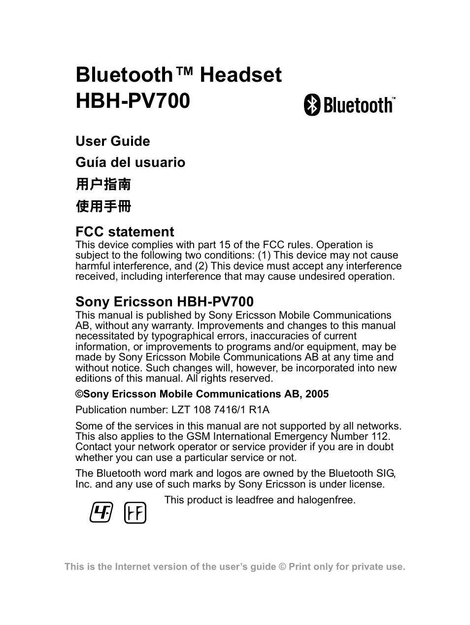 Bluetooth™ headset hbh-pv700 | Sony Ericsson HBH-PV700 User Manual | Page 2 / 35