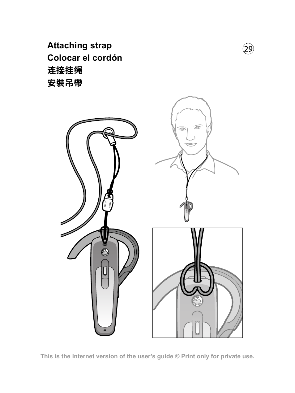 Attaching strap colocar el cordón 连接挂绳 安裝吊帶 | Sony Ericsson HBH-PV700 User Manual | Page 30 / 35