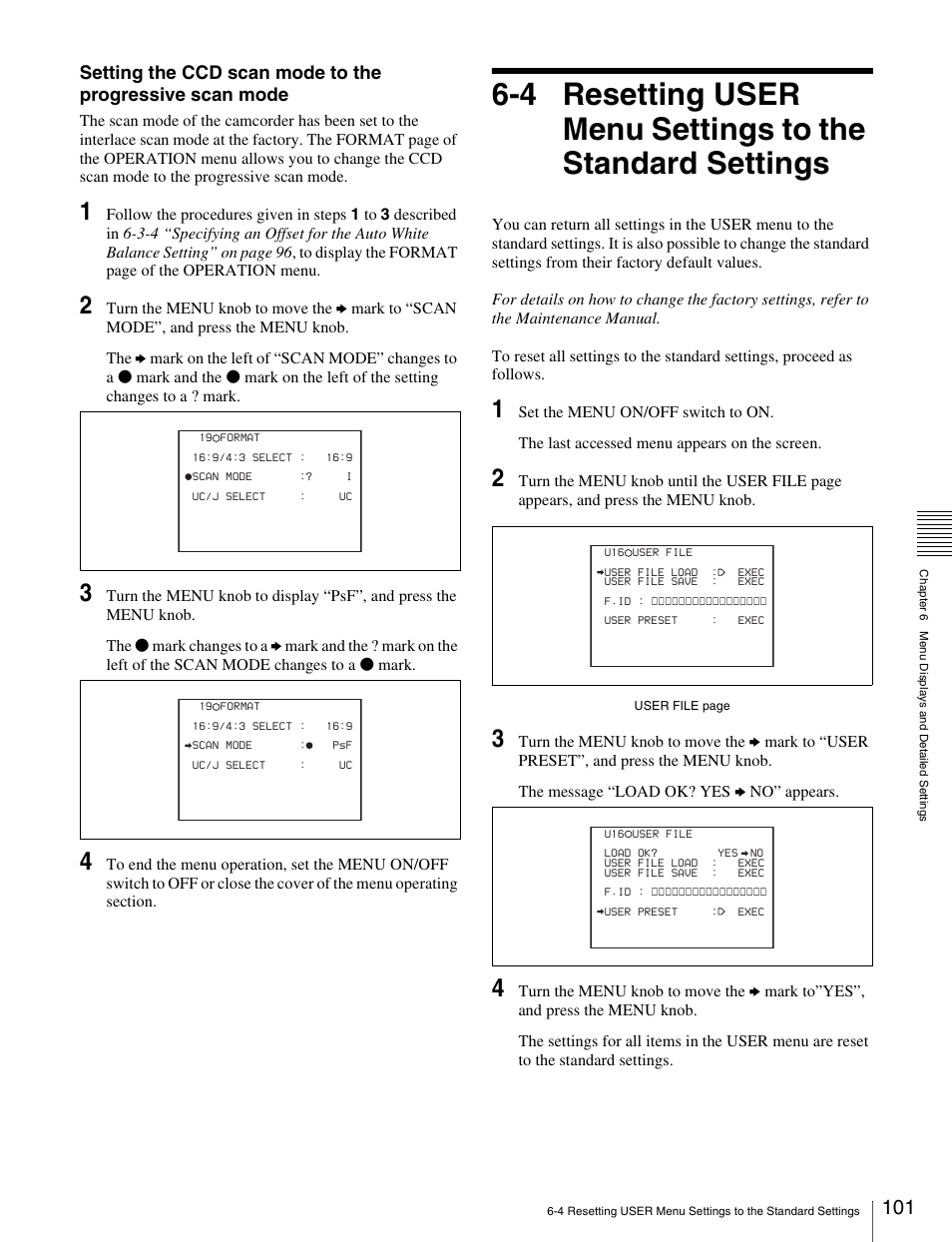 4 resetting user menu settings to the, Standard settings | Sony Ericsson PDW-530P User Manual | Page 101 / 168