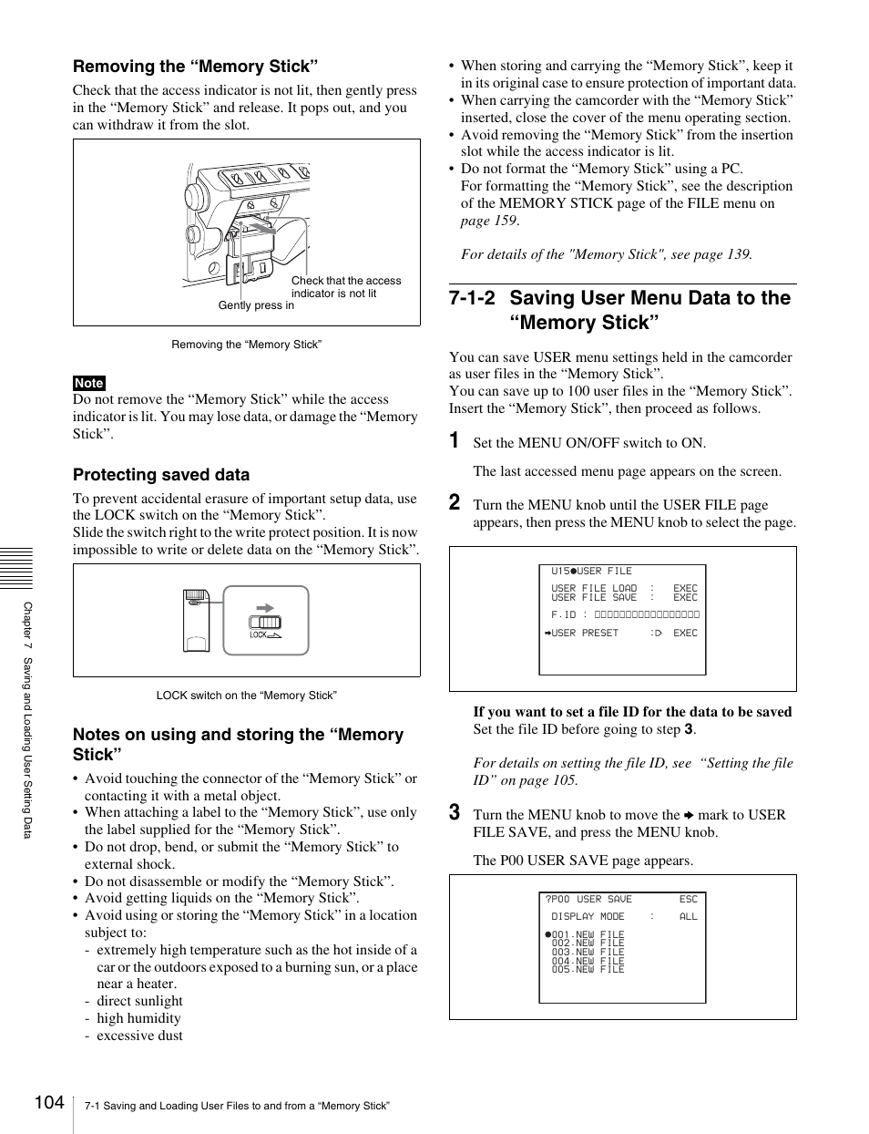 1-2 saving user menu data to the “memory stick, 1-2 saving user menu data to the “memory, Stick | Protecting saved data | Sony Ericsson PDW-530P User Manual | Page 104 / 168