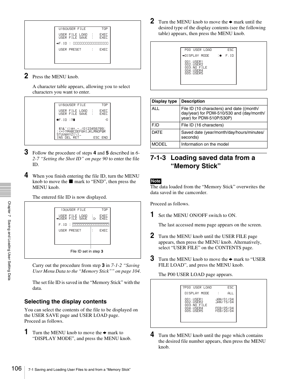 1-3 loading saved data from a “memory stick, 1-3 loading saved data from a “memory, Stick | Selecting the display contents | Sony Ericsson PDW-530P User Manual | Page 106 / 168