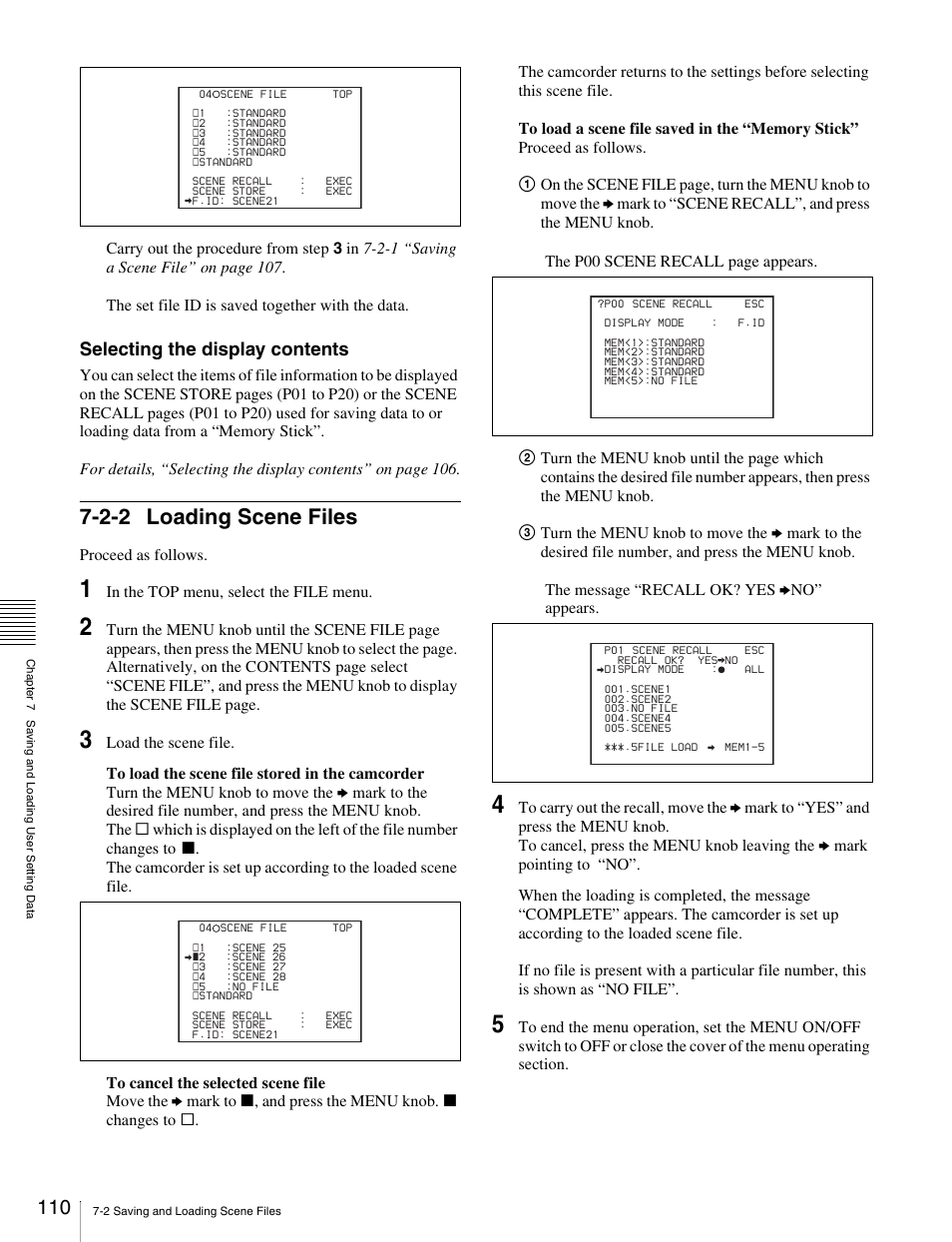 2-2 loading scene files, Selecting the display contents | Sony Ericsson PDW-530P User Manual | Page 110 / 168