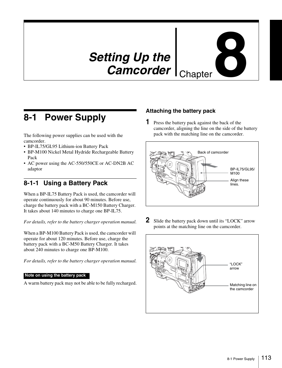 Chapter 8 setting up the camcorder, 1 power supply, 1-1 using a battery pack | Setting up the camcorder, Chapter | Sony Ericsson PDW-530P User Manual | Page 113 / 168