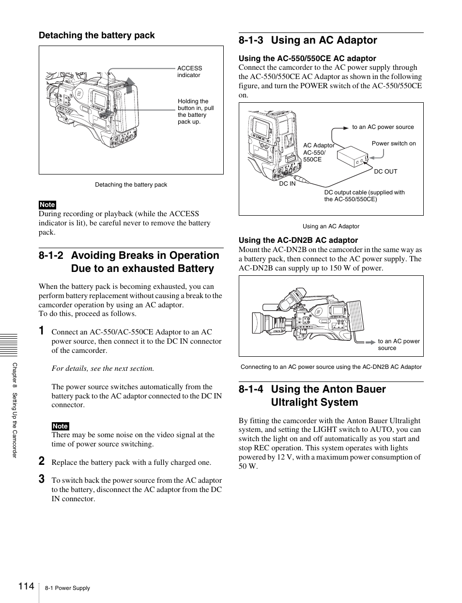 1-3 using an ac adaptor, 1-4 using the anton bauer ultralight system, 1-2 avoiding breaks in operation due to an | Exhausted battery, System | Sony Ericsson PDW-530P User Manual | Page 114 / 168