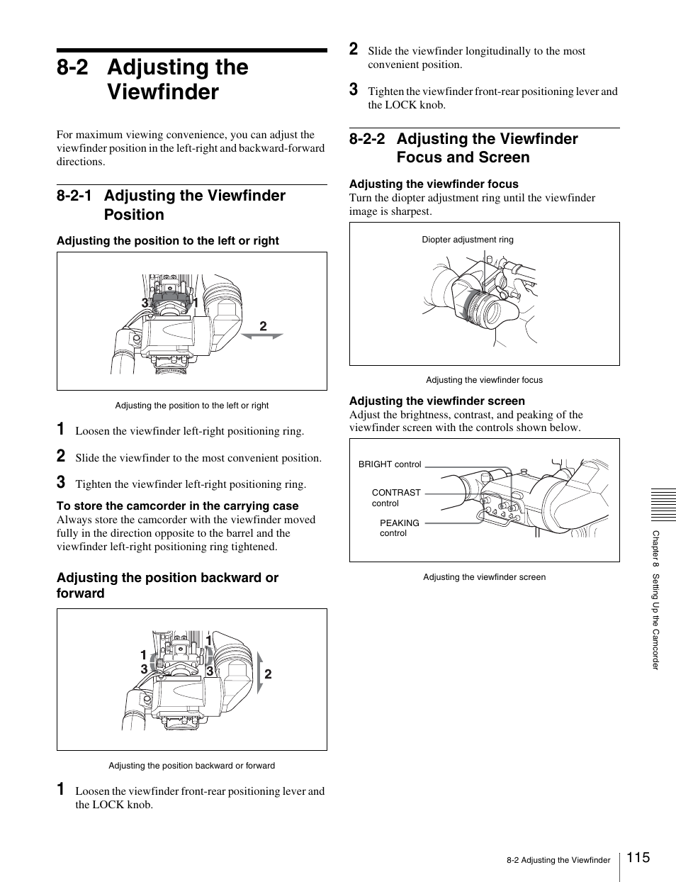 2 adjusting the viewfinder, 2-1 adjusting the viewfinder position, 2-2 adjusting the viewfinder focus and screen | Screen | Sony Ericsson PDW-530P User Manual | Page 115 / 168