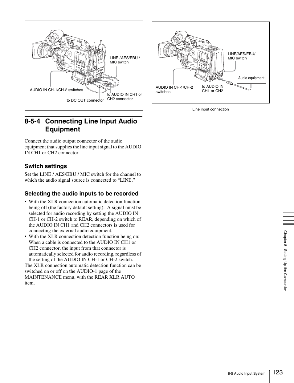 5-4 connecting line input audio equipment, 5-4 connecting line input audio, Equipment | Switch settings, Selecting the audio inputs to be recorded | Sony Ericsson PDW-530P User Manual | Page 123 / 168