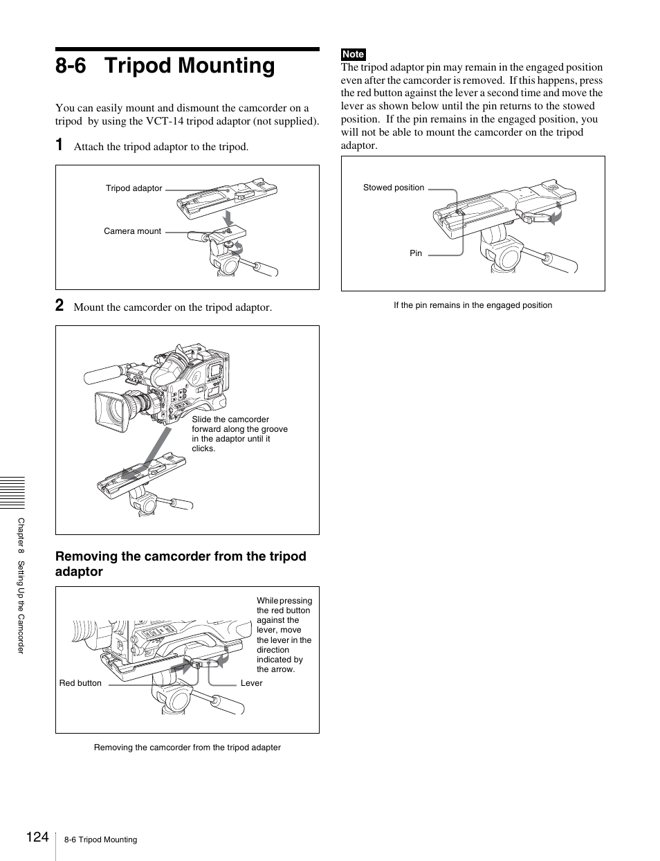 6 tripod mounting, Removing the camcorder from the tripod adaptor | Sony Ericsson PDW-530P User Manual | Page 124 / 168