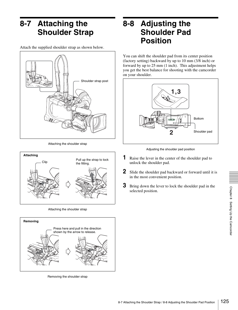 7 attaching the shoulder strap, 8 adjusting the shoulder pad position | Sony Ericsson PDW-530P User Manual | Page 125 / 168