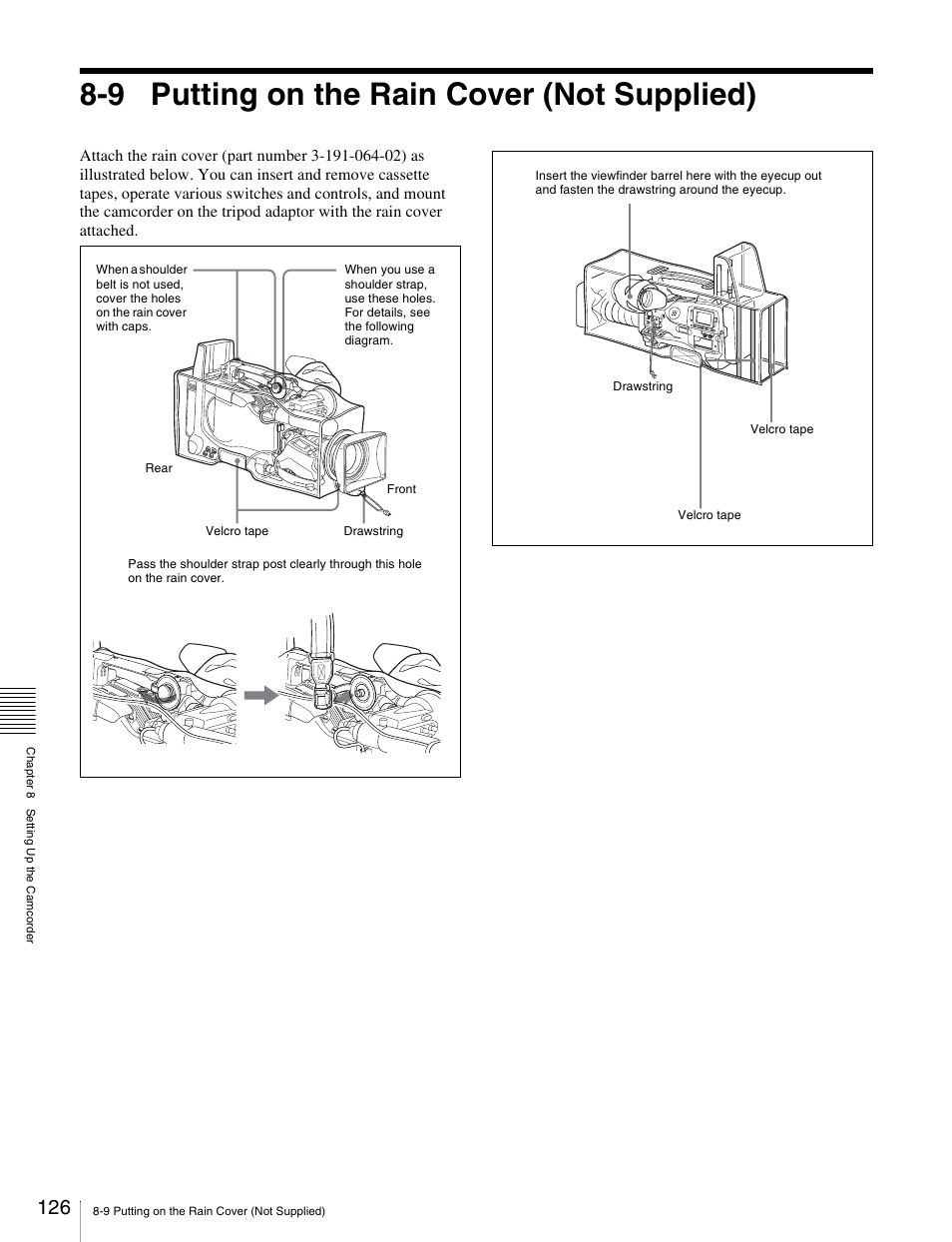 9 putting on the rain cover (not supplied), 9 putting on the rain cover (not, Supplied) | Sony Ericsson PDW-530P User Manual | Page 126 / 168