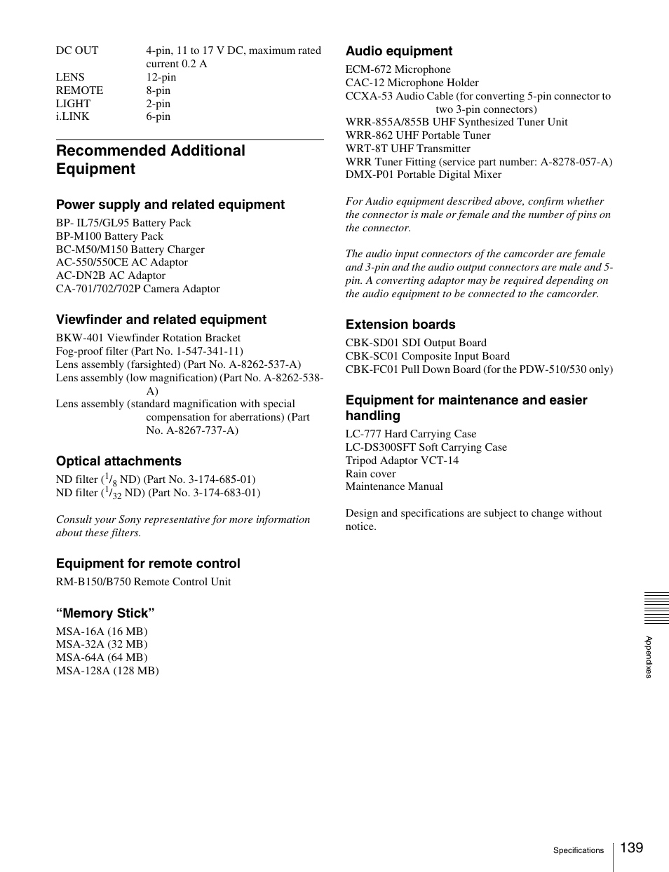 Recommended additional equipment | Sony Ericsson PDW-530P User Manual | Page 139 / 168