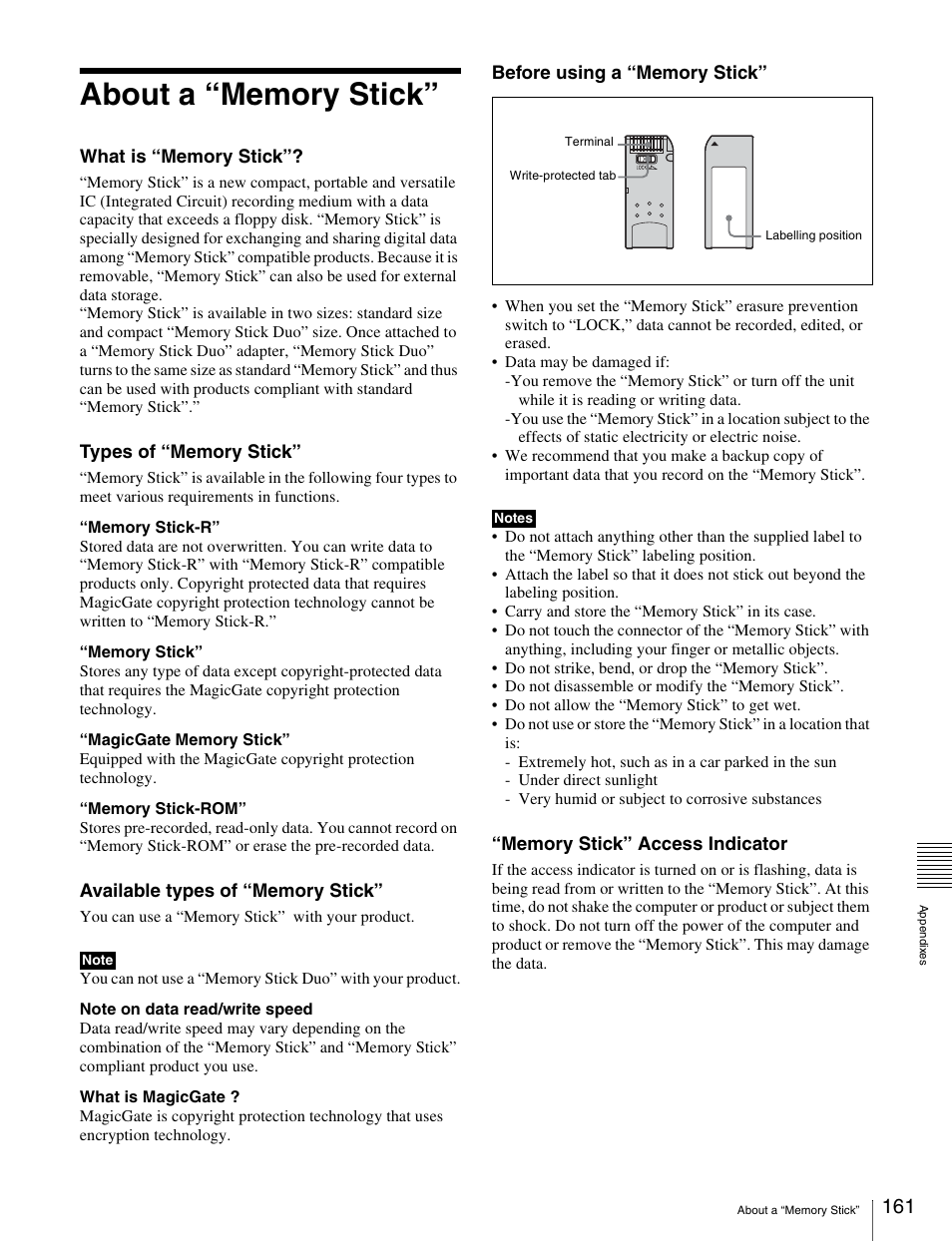 About a “memory stick | Sony Ericsson PDW-530P User Manual | Page 161 / 168