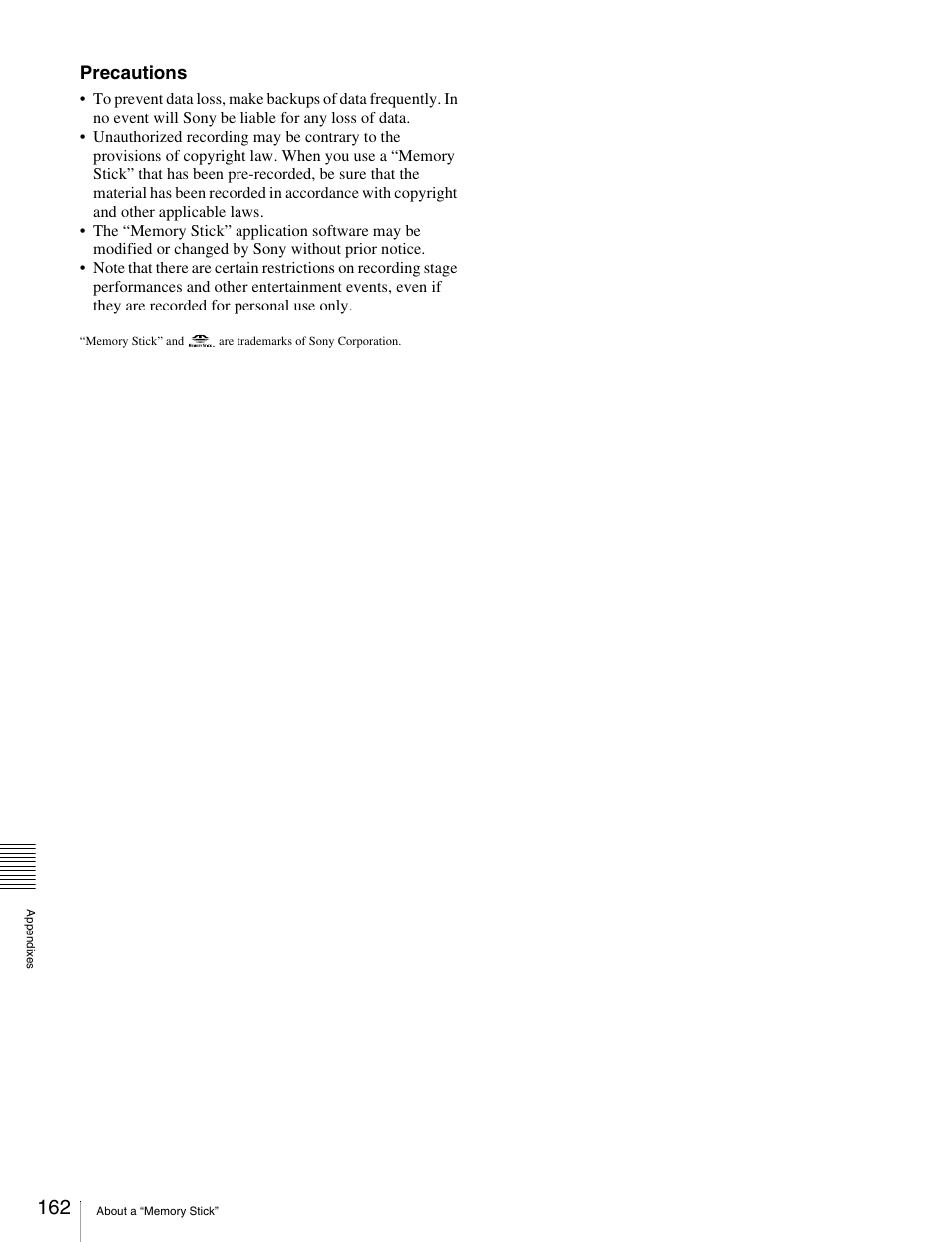 Precautions | Sony Ericsson PDW-530P User Manual | Page 162 / 168