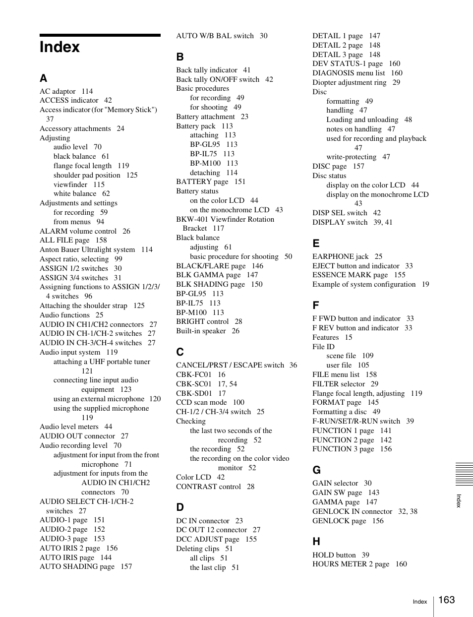 Index | Sony Ericsson PDW-530P User Manual | Page 163 / 168