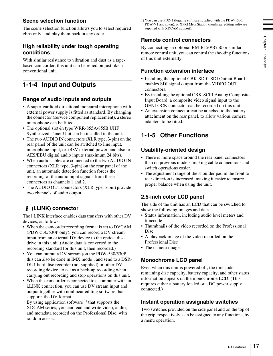 1-4 input and outputs, 1-5 other functions, 1-4 input and outputs 1-1-5 other functions | Sony Ericsson PDW-530P User Manual | Page 17 / 168