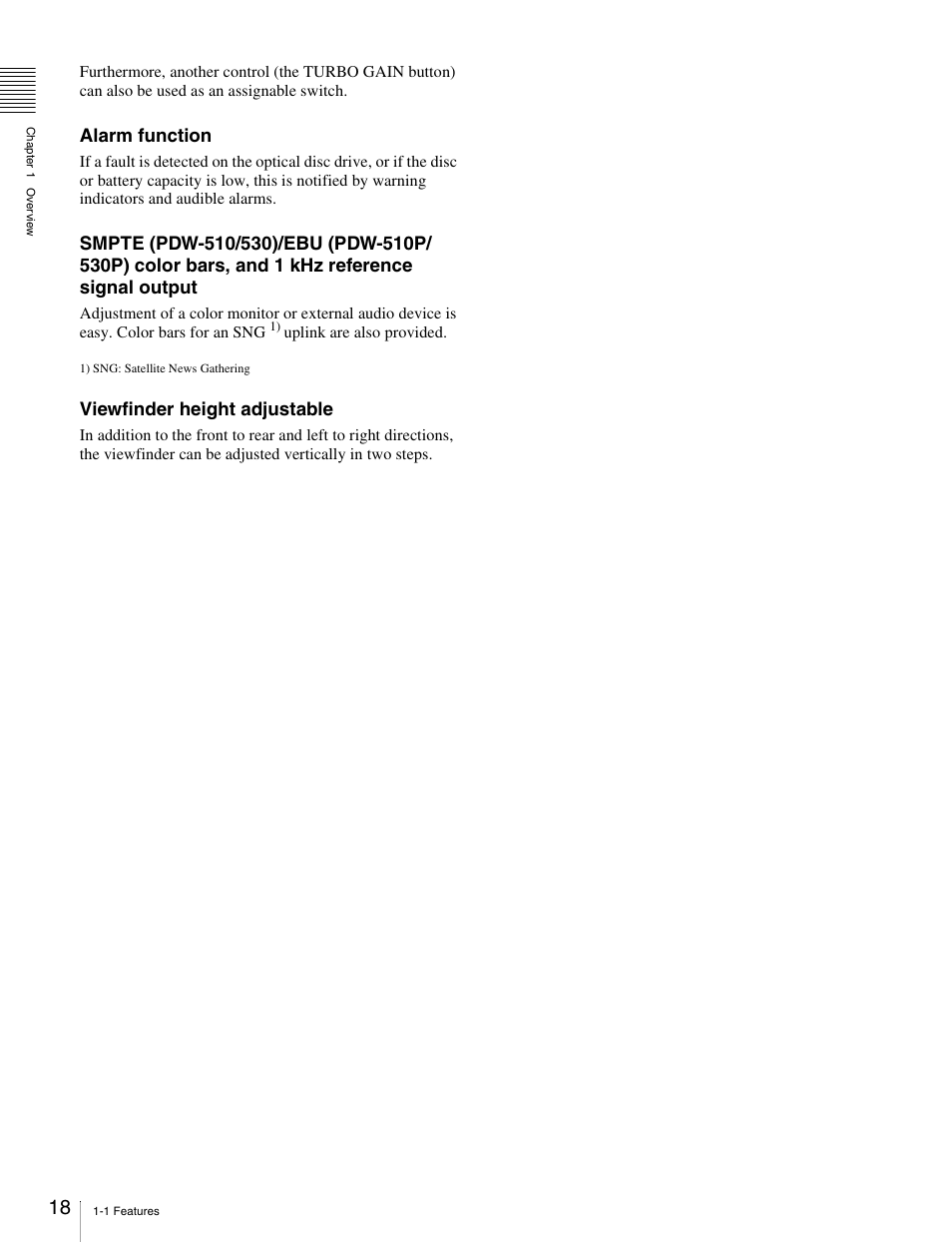 Alarm function, Viewfinder height adjustable | Sony Ericsson PDW-530P User Manual | Page 18 / 168