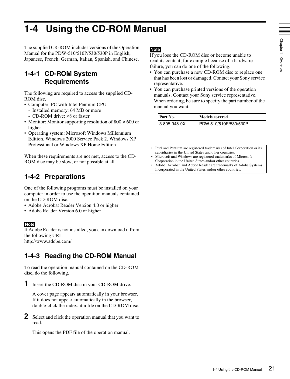 4 using the cd-rom manual, 4-1 cd-rom system requirements, 4-2 preparations | 4-3 reading the cd-rom manual | Sony Ericsson PDW-530P User Manual | Page 21 / 168