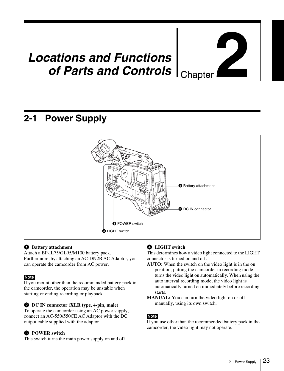 1 power supply, Locations and functions of parts and controls, Chapter | Sony Ericsson PDW-530P User Manual | Page 23 / 168