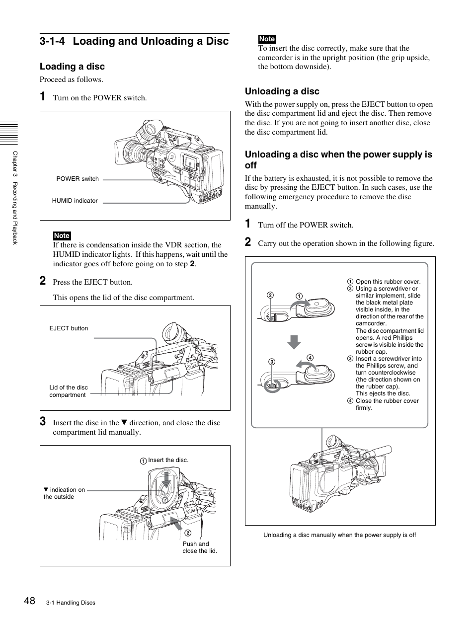 1-4 loading and unloading a disc, Loading a disc, Unloading a disc | Unloading a disc when the power supply is off | Sony Ericsson PDW-530P User Manual | Page 48 / 168