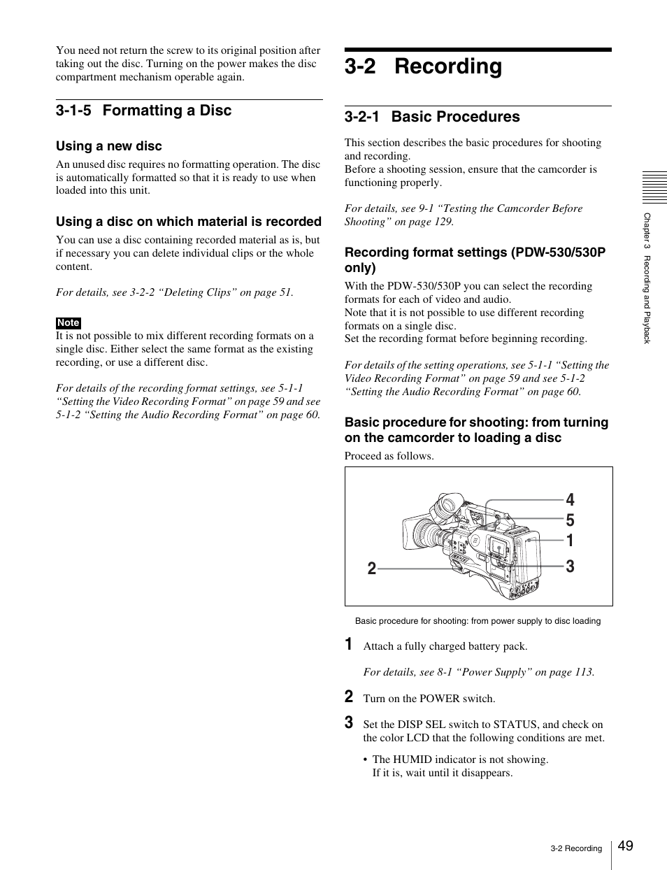 1-5 formatting a disc, 2 recording, 2-1 basic procedures | Sony Ericsson PDW-530P User Manual | Page 49 / 168