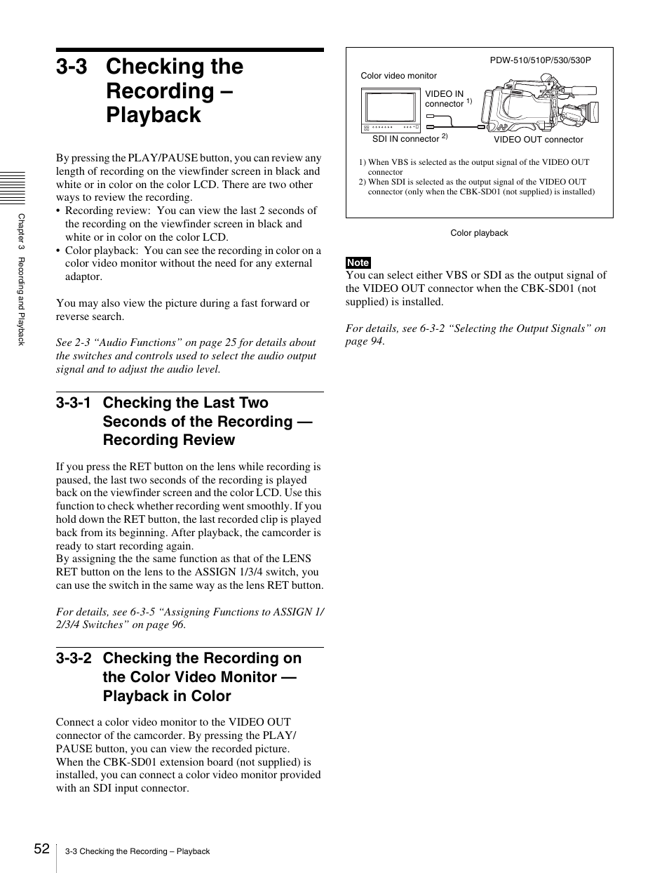 3 checking the recording – playback, 3 checking the recording – playback52, 3-1 checking the last two seconds of the | Recording — recording review, 3-2 checking the recording on the color, Video monitor — playback in color52 | Sony Ericsson PDW-530P User Manual | Page 52 / 168